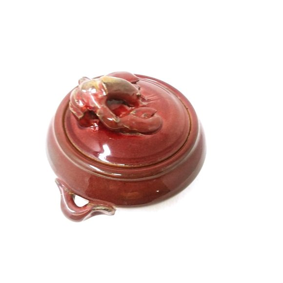 Bowl Serving Bowl Lobster Lid Glazed Pottery Burgundy Vintage Kitchen Decor - Picture 4 of 10